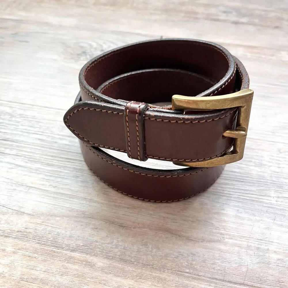 Eddie Bauer Brown Leather Belt Size 38 Brass Buckle Classic Casual Gold Stitch